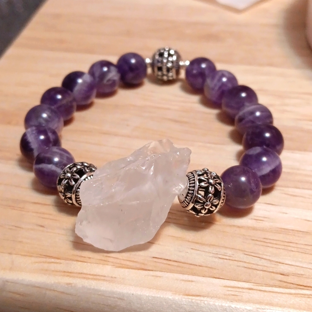 Amethyst & Quartz Beaded Stretch Bracelet